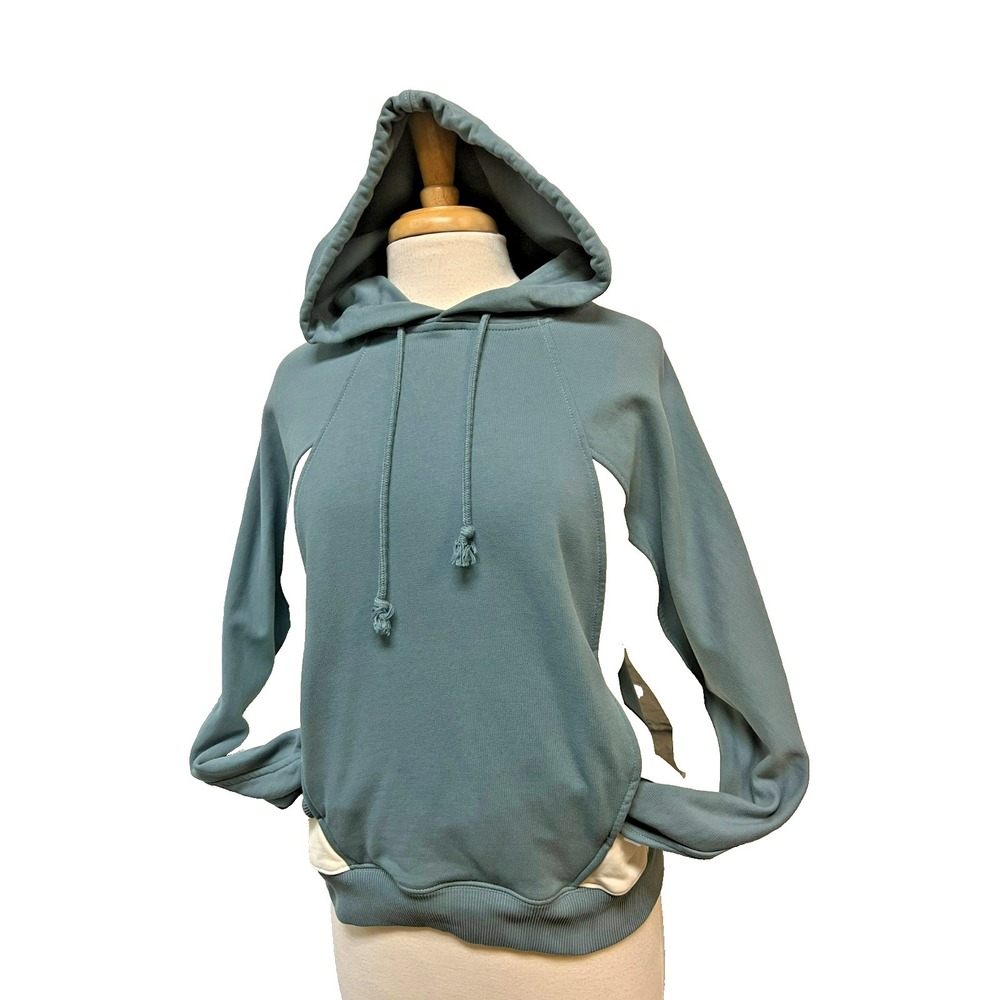HELMUT LANG Hoodie Sweatshirt Blue Ivory Cotton‎ Color Block Front Pocket SZ S